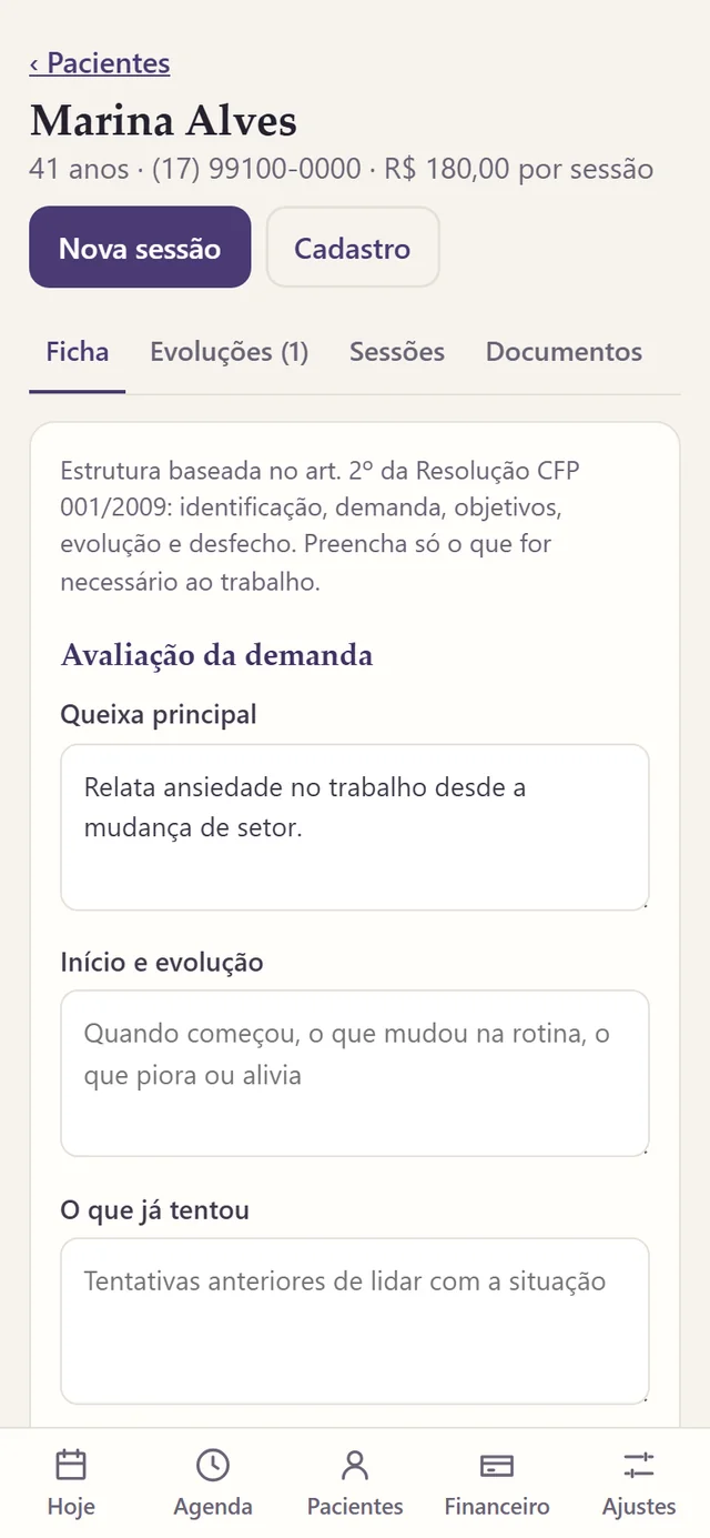 Ficha do paciente no celular